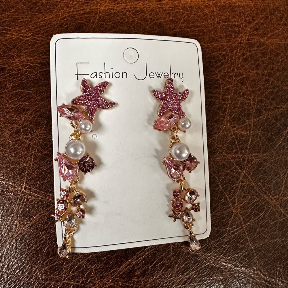 Pink starfish dangle pierced earrings with rhinestones pearl beach ocean jewelry